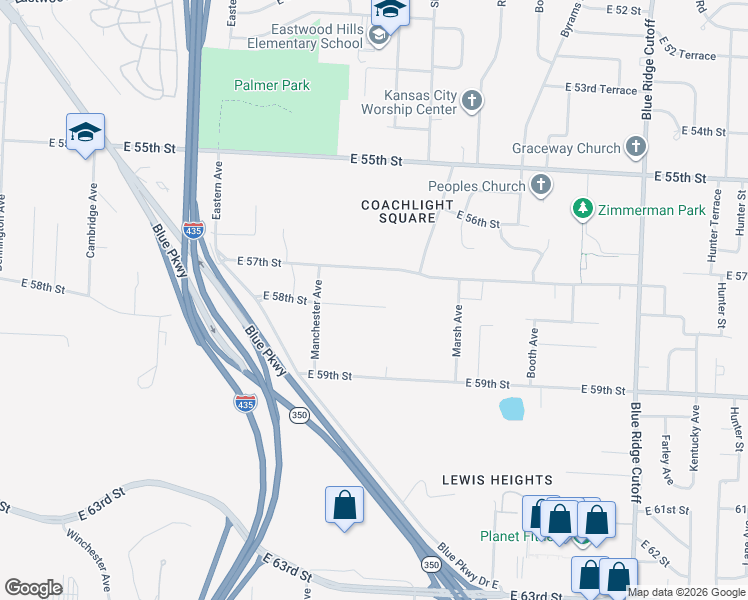 map of restaurants, bars, coffee shops, grocery stores, and more near 7912 East 58th Street in Kansas City