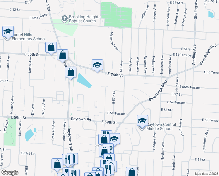 map of restaurants, bars, coffee shops, grocery stores, and more near 10105 East 56th Terrace in Raytown