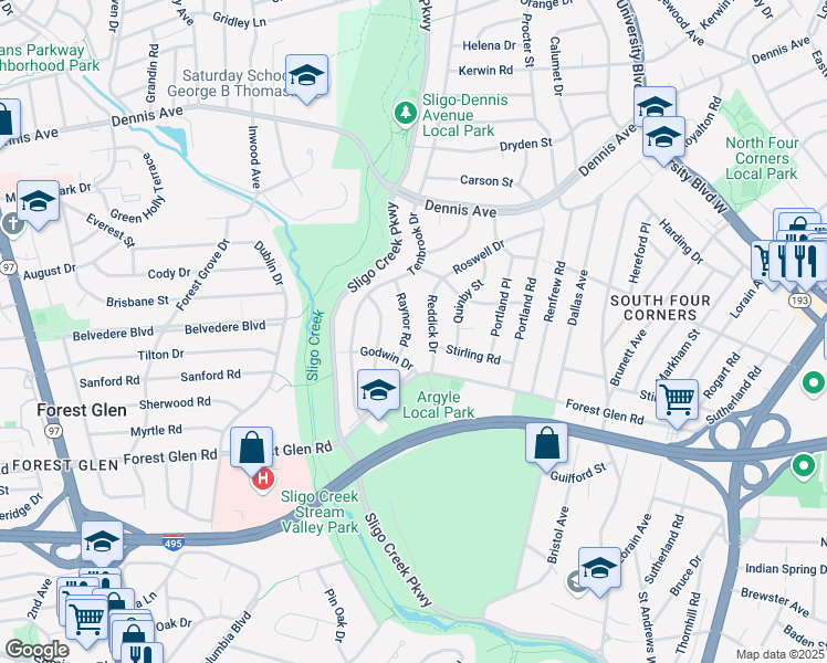 map of restaurants, bars, coffee shops, grocery stores, and more near 10009 Raynor Road in Silver Spring