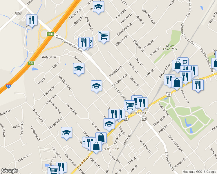map of restaurants, bars, coffee shops, grocery stores, and more near 3508 Cowie Avenue in Erlanger