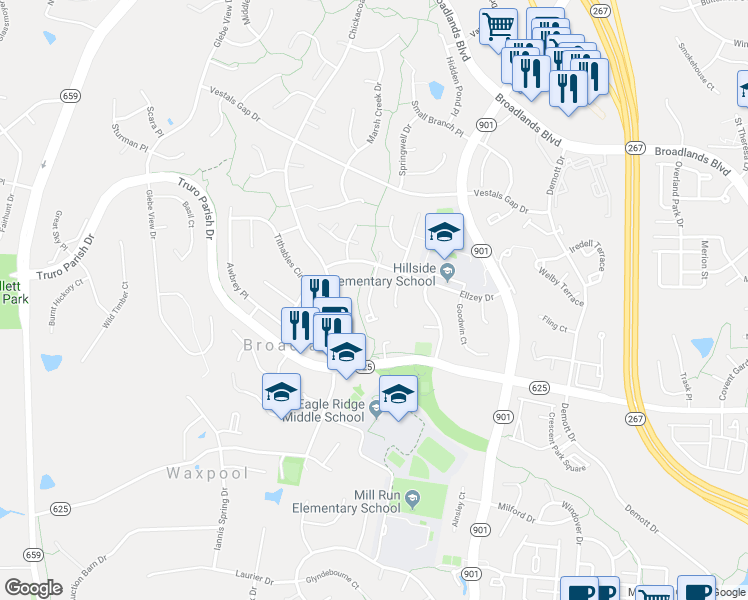 map of restaurants, bars, coffee shops, grocery stores, and more near 21574 Bankbarn Terrace in Broadlands