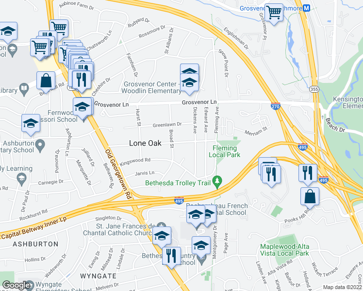 map of restaurants, bars, coffee shops, grocery stores, and more near 5708 Lone Oak Drive in Bethesda