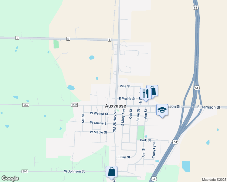 map of restaurants, bars, coffee shops, grocery stores, and more near North 1st Street in Auxvasse