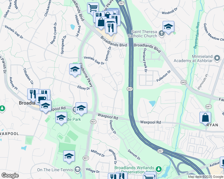 map of restaurants, bars, coffee shops, grocery stores, and more near 21569 Welby Terrace in Broadlands