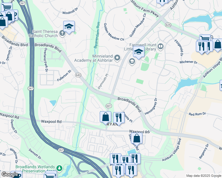 map of restaurants, bars, coffee shops, grocery stores, and more near 21540 Sheffield Court in Ashburn