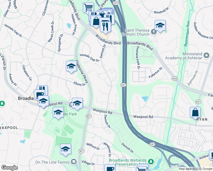 map of restaurants, bars, coffee shops, grocery stores, and more near 21569 Welby Terrace in Broadlands