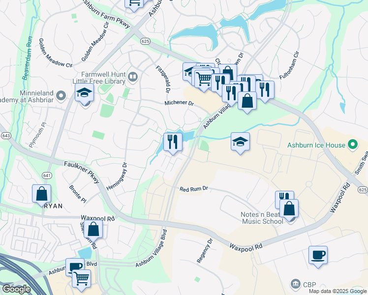 map of restaurants, bars, coffee shops, grocery stores, and more near Zuknick Terrace in Ashburn