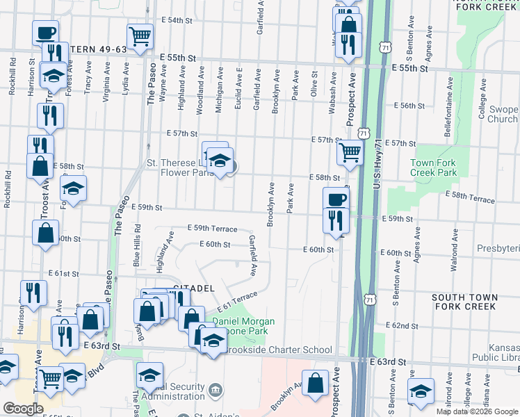 map of restaurants, bars, coffee shops, grocery stores, and more near 1875 East 59th Street in Kansas City