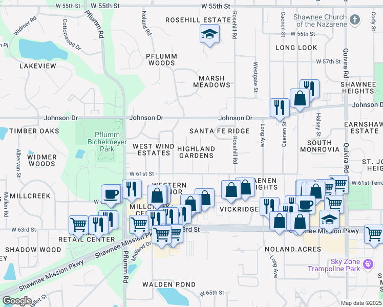 map of restaurants, bars, coffee shops, grocery stores, and more near 6013 West Richards Drive in Shawnee
