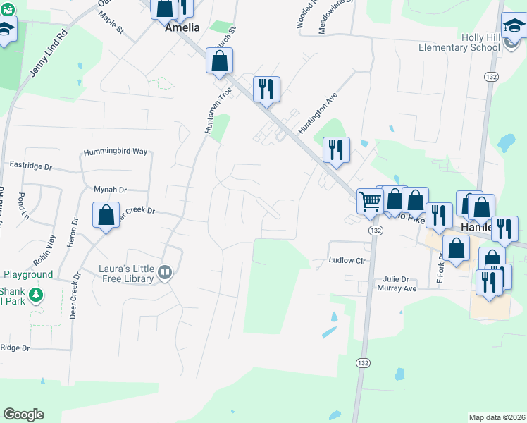 map of restaurants, bars, coffee shops, grocery stores, and more near 119 Woodside Park Drive in Amelia