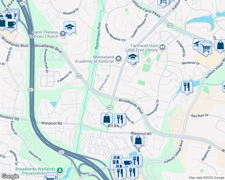map of restaurants, bars, coffee shops, grocery stores, and more near 21540 Sheffield Court in Ashburn