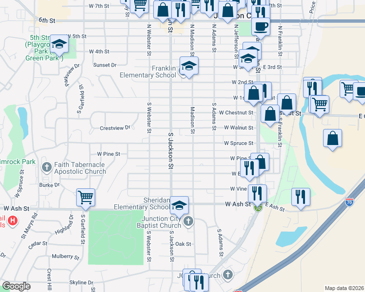 map of restaurants, bars, coffee shops, grocery stores, and more near 410 Madison Street in Junction City
