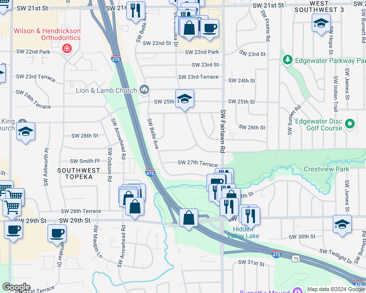 map of restaurants, bars, coffee shops, grocery stores, and more near 5424 Southwest 27th Street in Topeka