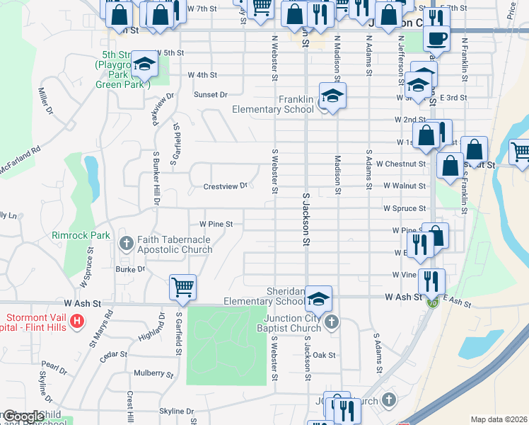 map of restaurants, bars, coffee shops, grocery stores, and more near 607 West Spruce Street in Junction City