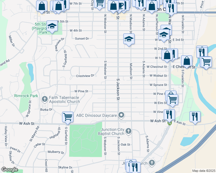 map of restaurants, bars, coffee shops, grocery stores, and more near 535 West Spruce Street in Junction City
