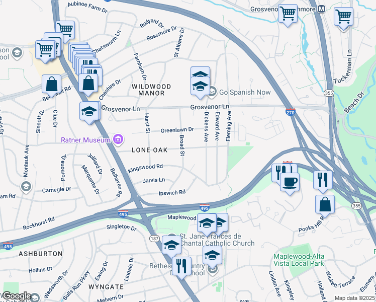 map of restaurants, bars, coffee shops, grocery stores, and more near 5710 Lone Oak Drive in Bethesda