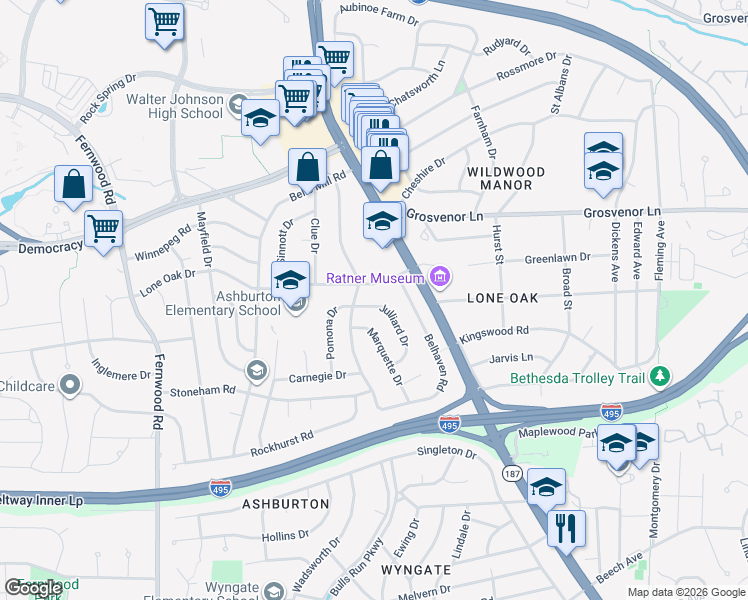 map of restaurants, bars, coffee shops, grocery stores, and more near 9931 Julliard Drive in Bethesda