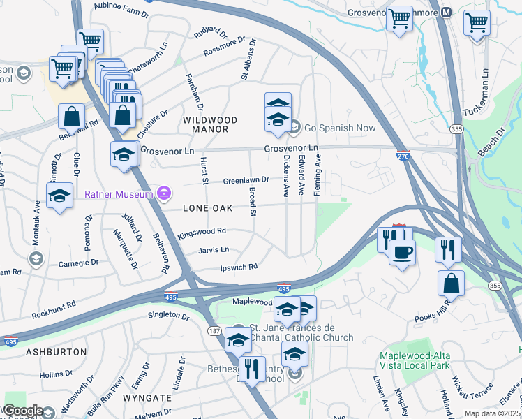 map of restaurants, bars, coffee shops, grocery stores, and more near 5710 Lone Oak Drive in Bethesda