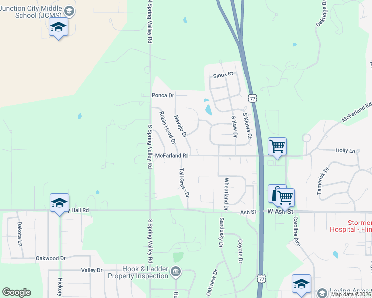 map of restaurants, bars, coffee shops, grocery stores, and more near 417 Robin Hood Drive in Junction City