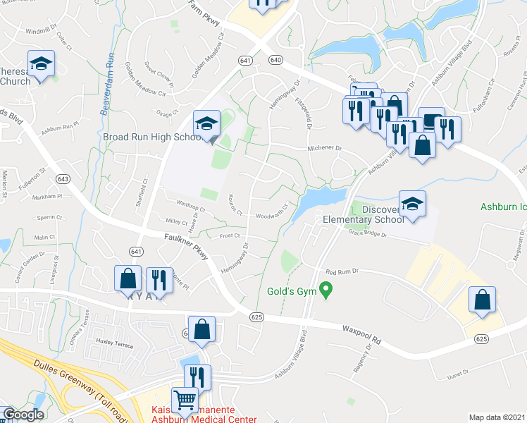 map of restaurants, bars, coffee shops, grocery stores, and more near 43756 Woodworth Court in Ashburn