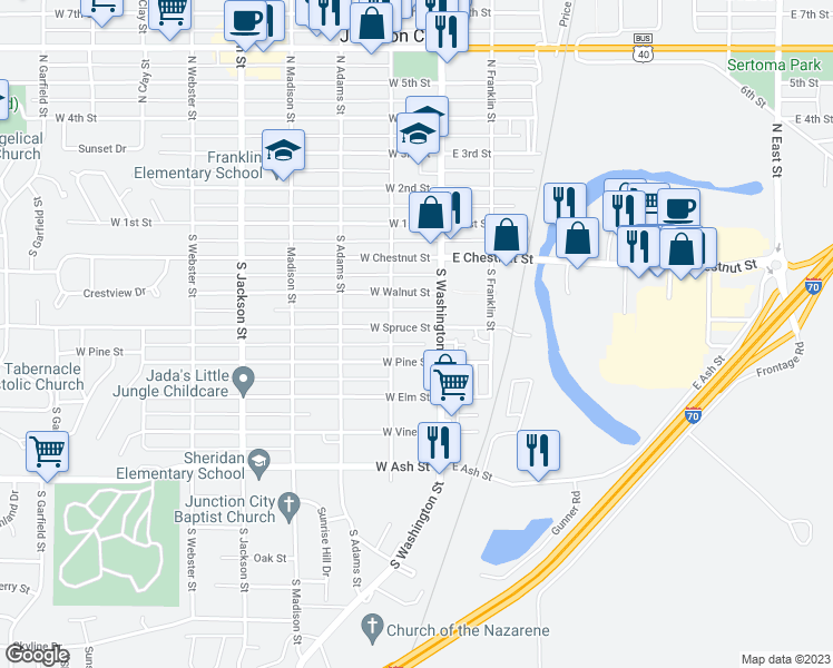 map of restaurants, bars, coffee shops, grocery stores, and more near 115 West Spruce Street in Junction City