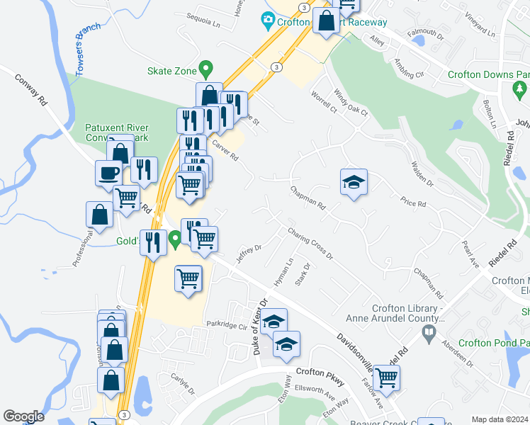 map of restaurants, bars, coffee shops, grocery stores, and more near 1109 Soho Court in Crofton