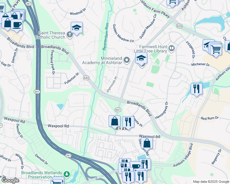 map of restaurants, bars, coffee shops, grocery stores, and more near 21545 Sheffield Court in Ashburn