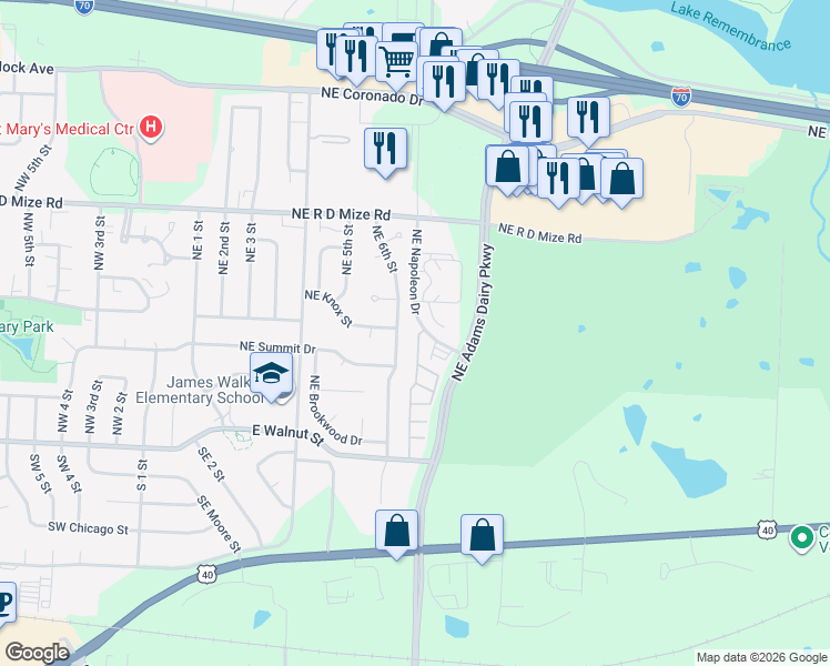 map of restaurants, bars, coffee shops, grocery stores, and more near 481 Northeast Adams Dairy Parkway in Blue Springs