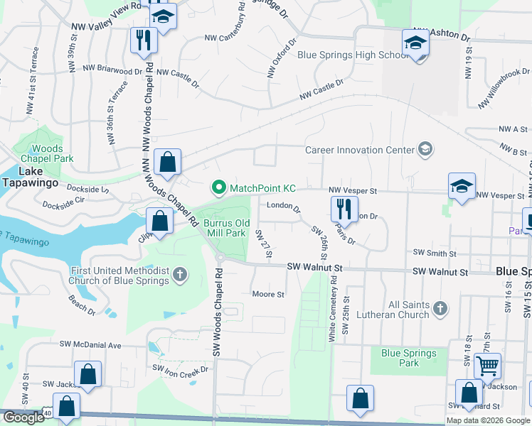 map of restaurants, bars, coffee shops, grocery stores, and more near 211 NW 27th St Ct in Blue Springs