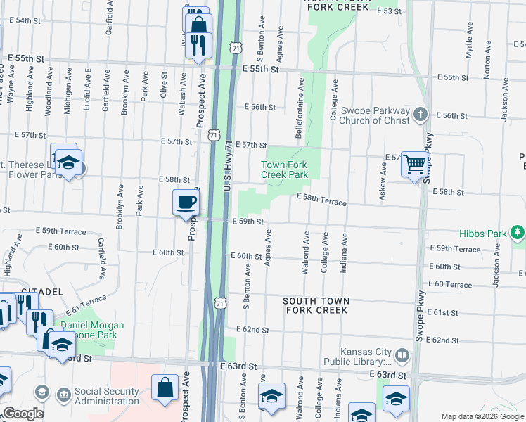 map of restaurants, bars, coffee shops, grocery stores, and more near 3000 East 59th Street in Kansas City