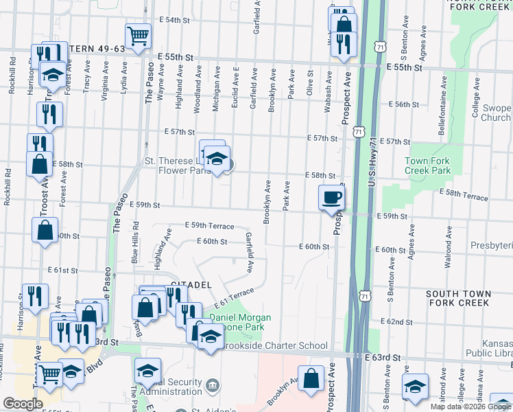 map of restaurants, bars, coffee shops, grocery stores, and more near 1875 East 59th Street in Kansas City