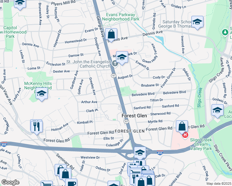 map of restaurants, bars, coffee shops, grocery stores, and more near 2101 Belvedere Boulevard in Silver Spring