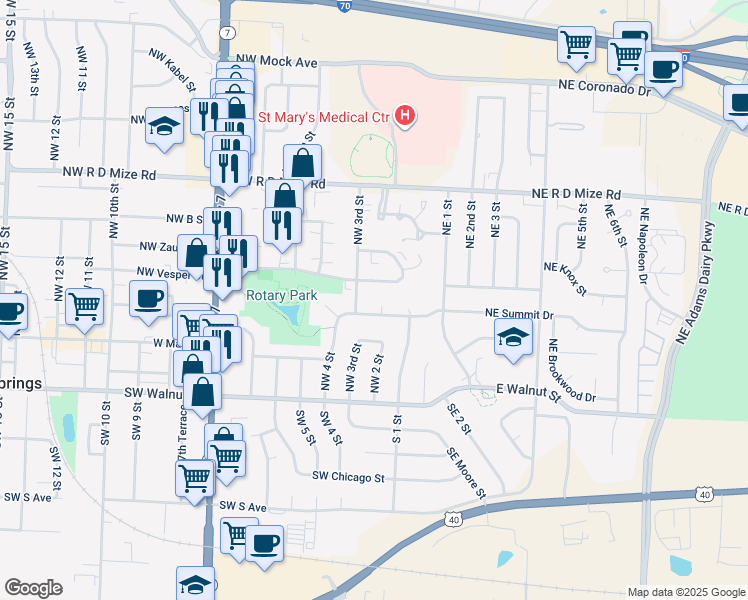 map of restaurants, bars, coffee shops, grocery stores, and more near 205 Southeast 2 Street in Blue Springs