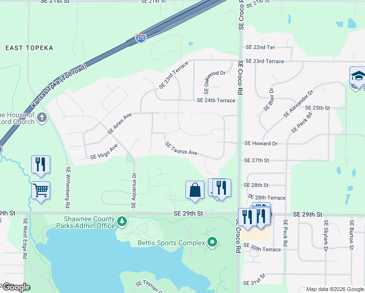 map of restaurants, bars, coffee shops, grocery stores, and more near 3332 Southeast Taurus Avenue in Topeka