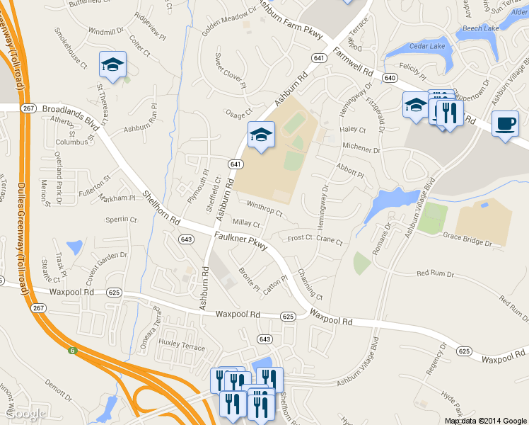 map of restaurants, bars, coffee shops, grocery stores, and more near 43633 Winthrop Court in Ashburn