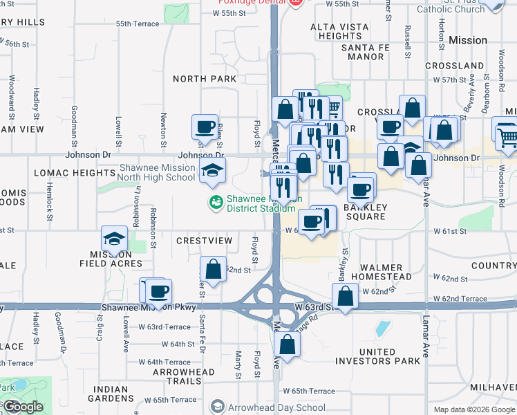 map of restaurants, bars, coffee shops, grocery stores, and more near in Overland Park