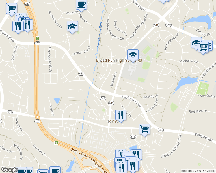 map of restaurants, bars, coffee shops, grocery stores, and more near 21545 Sheffield Court in Ashburn