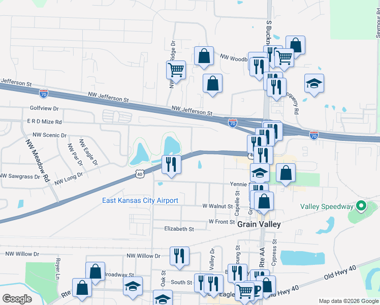 map of restaurants, bars, coffee shops, grocery stores, and more near 655 R D Mize Road in Grain Valley