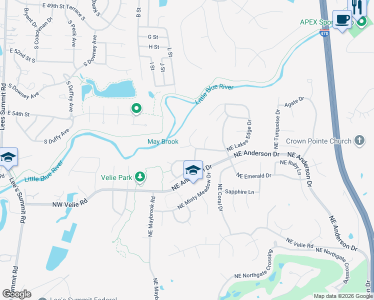 map of restaurants, bars, coffee shops, grocery stores, and more near 105 Northeast Parks View Court in Lee's Summit
