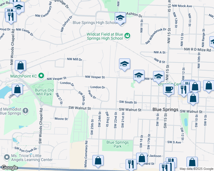 map of restaurants, bars, coffee shops, grocery stores, and more near 2301 London Drive in Blue Springs