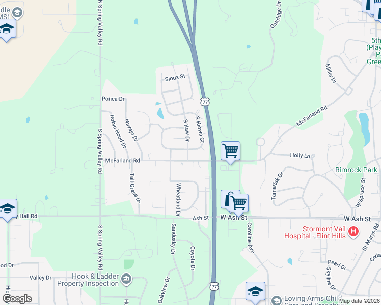 map of restaurants, bars, coffee shops, grocery stores, and more near 407 South Kaw Drive in Junction City