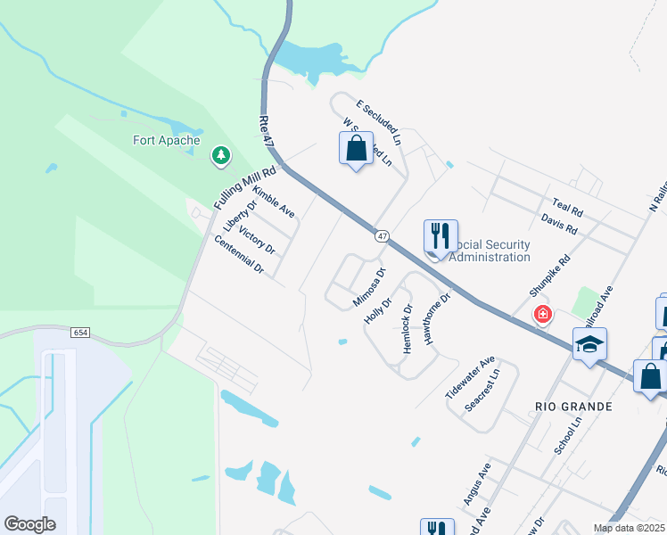 map of restaurants, bars, coffee shops, grocery stores, and more near 23 Mimosa Drive in Middle Township