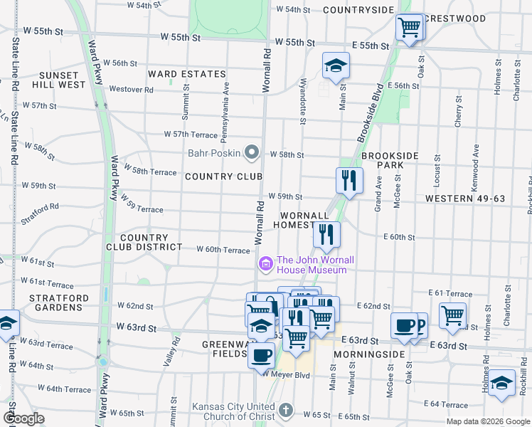 map of restaurants, bars, coffee shops, grocery stores, and more near 401 West 59 Terrace in Kansas City