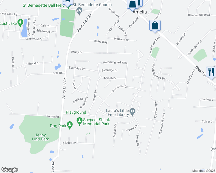 map of restaurants, bars, coffee shops, grocery stores, and more near 9 Finch Court in Amelia