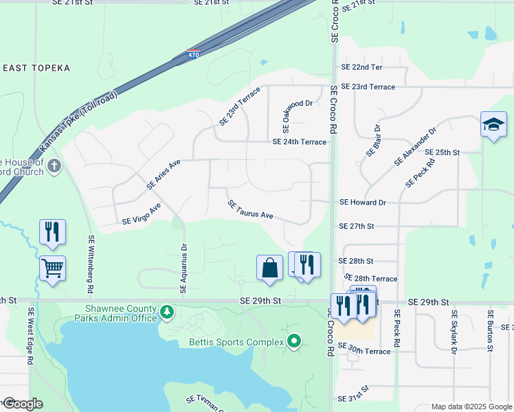 map of restaurants, bars, coffee shops, grocery stores, and more near 3332 Southeast Taurus Avenue in Topeka