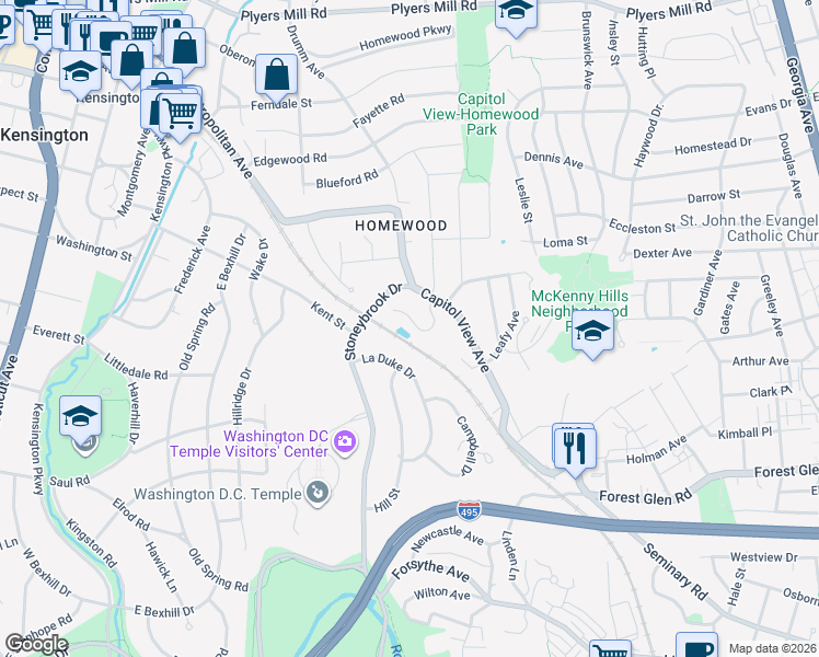 map of restaurants, bars, coffee shops, grocery stores, and more near 10019 Pratt Place in Silver Spring