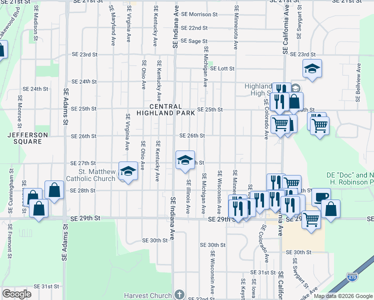 map of restaurants, bars, coffee shops, grocery stores, and more near 2630 Southeast Illinois Avenue in Topeka