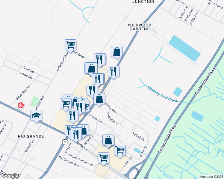 map of restaurants, bars, coffee shops, grocery stores, and more near 10 Priest Boulevard in Middle Township