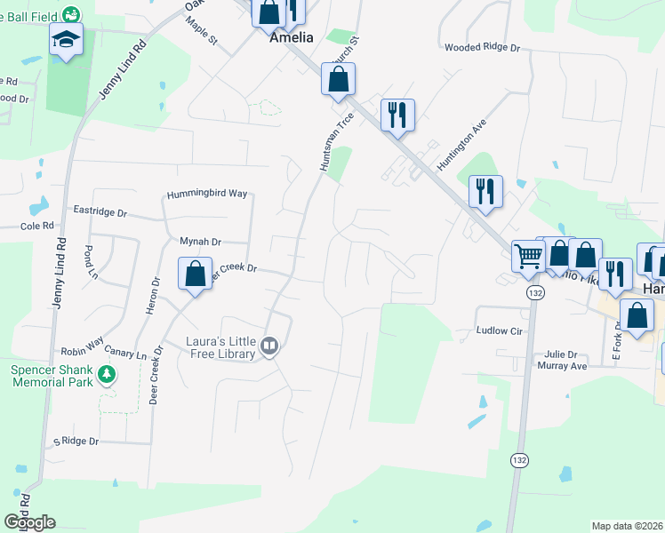 map of restaurants, bars, coffee shops, grocery stores, and more near 20 Cedarwood Drive in Amelia