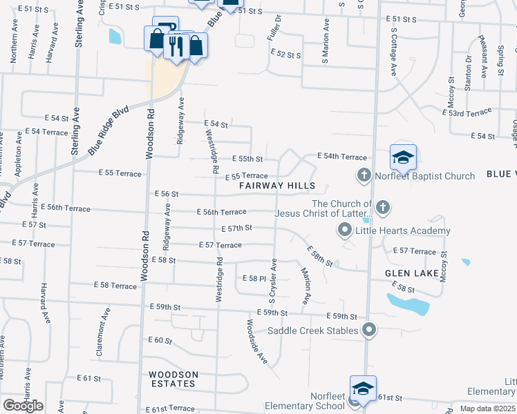 map of restaurants, bars, coffee shops, grocery stores, and more near 12215 East 56th Terrace in Kansas City